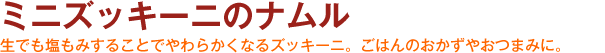 ミニズッキーニのナムル　生でも塩もみすることでやわらかくなるズッキーニ。ごはんのおかずやおつまみに。